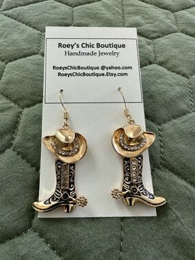 Gold Western Cowboy Boot & Hat Dangle Earrings 18k GP Ear Wires